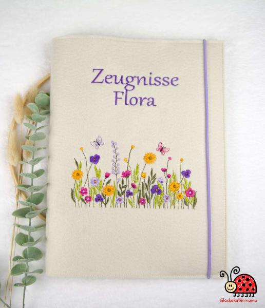 Zeugnismappe Hülle handgemacht Blumen floral Wiese